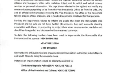 Warning Issued Over Impersonation of Vice President Chiwenga and Wife Using Foreign Numbers