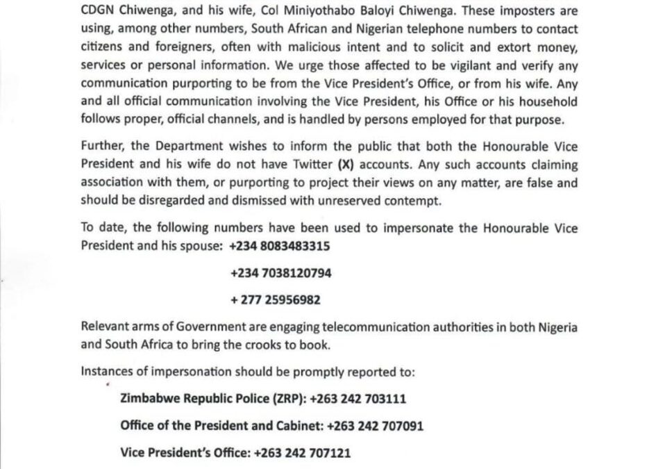 Warning Issued Over Impersonation of Vice President Chiwenga and Wife Using Foreign Numbers